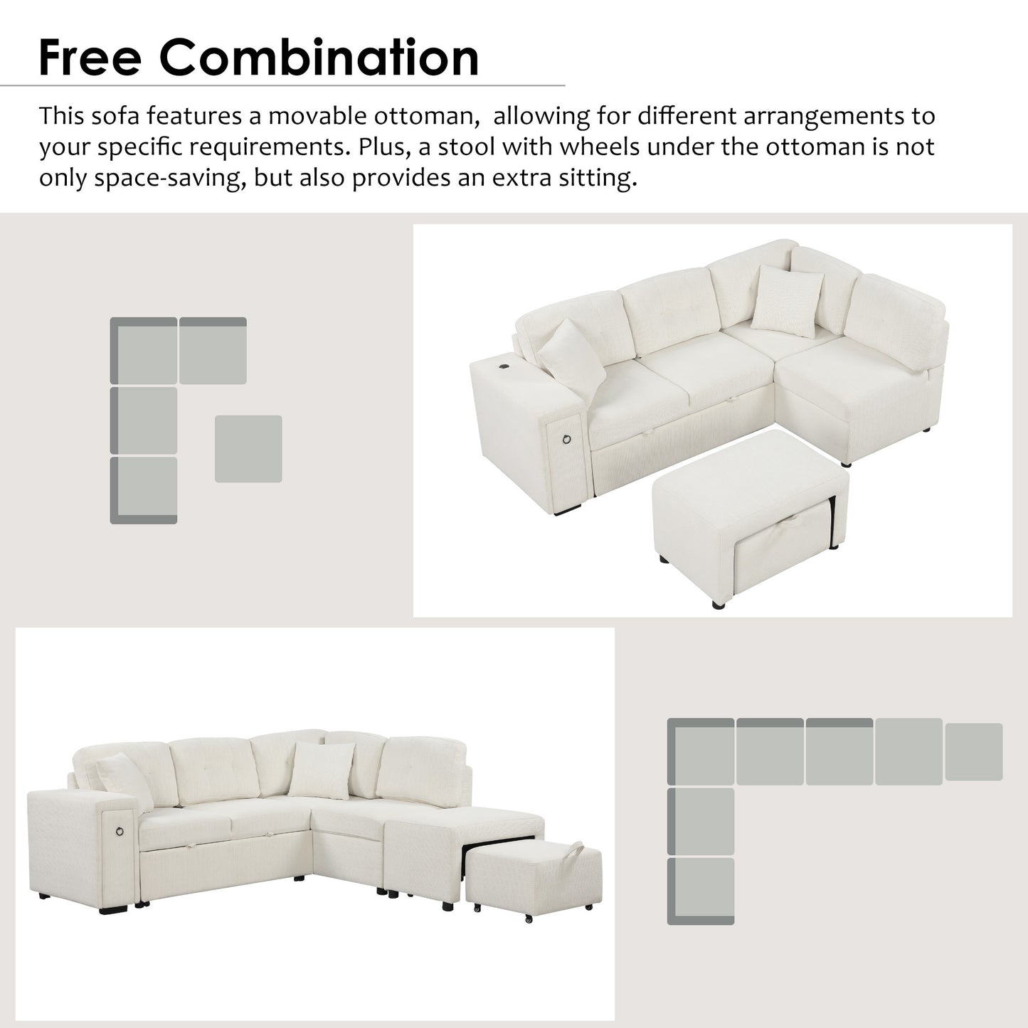 86.6" Sectional Sofa L-shaped Sofa Couch Pull-out Sofa Bed with a Movable Ottoman, Two USB Ports and Two Cup Holders for Living Room, Beige