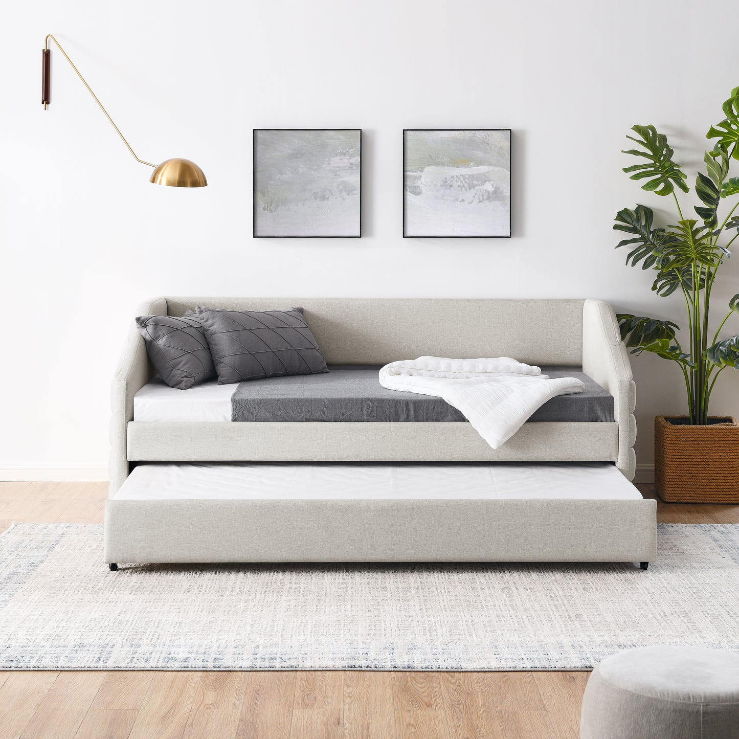 Twin Size Daybed with Trundle Upholstered Tufted Sofa Bed, Linen Fabric, Beige (82.5"x42.5"x34")
