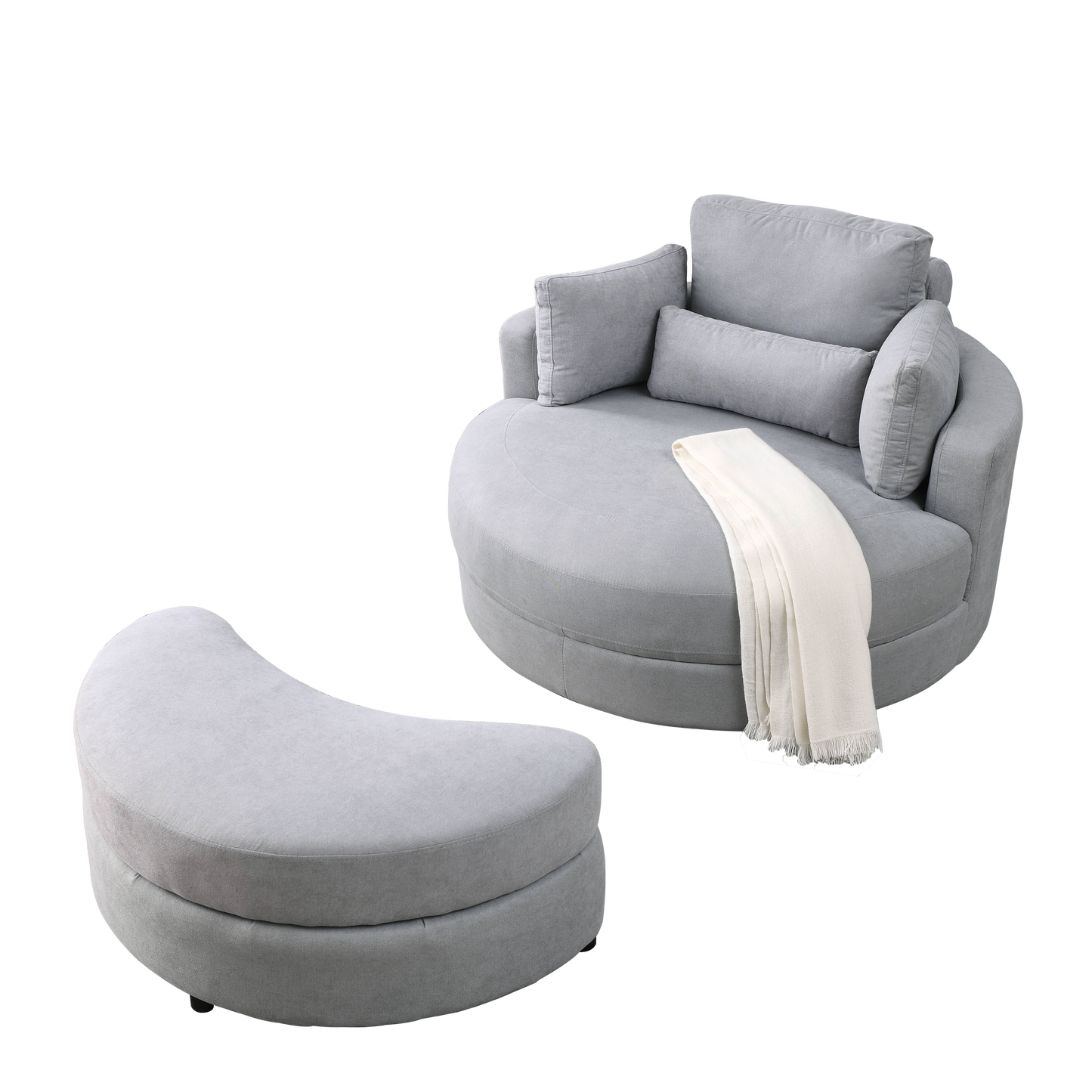 Swivel Accent Barrel Modern Grey Sofa Lounge Club Big Round Chair with Storage Ottoman Linen Fabric for Living Room Hotel with Pillows
