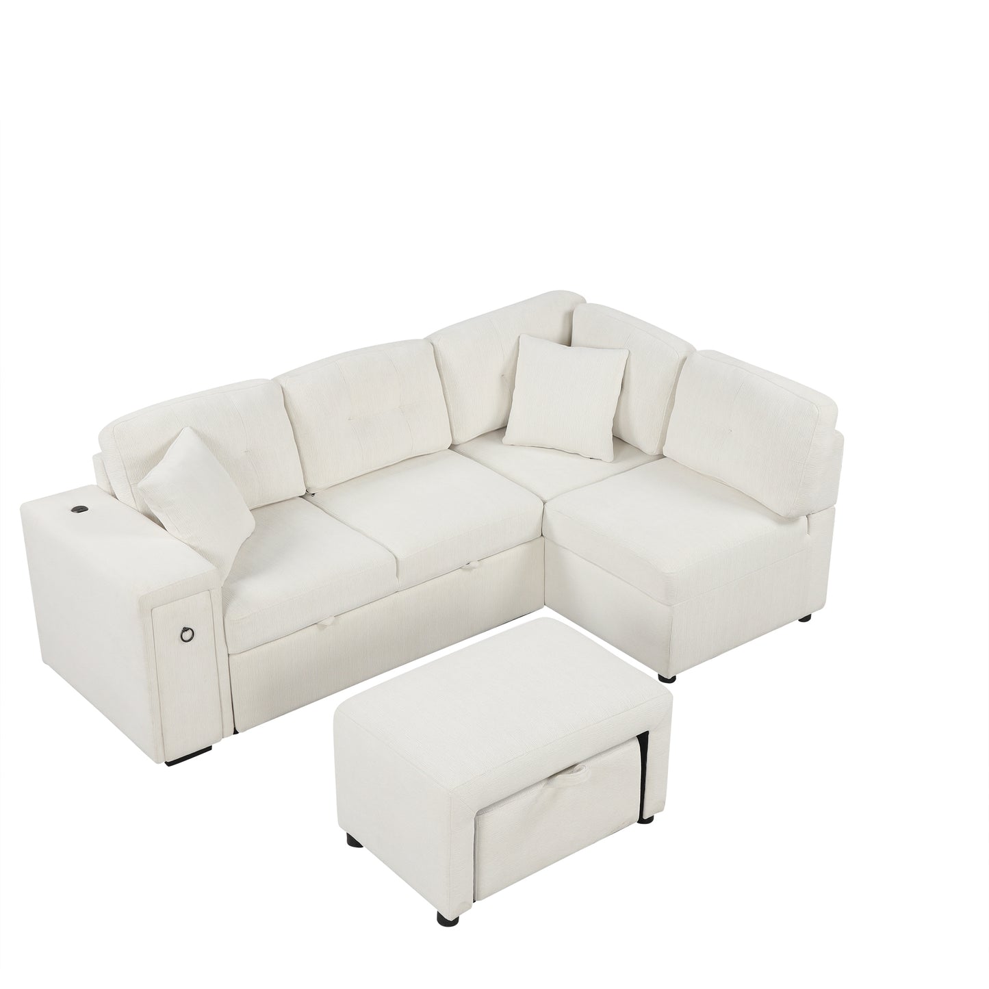 86.6" Sectional Sofa L-shaped Sofa Couch Pull-out Sofa Bed with a Movable Ottoman, Two USB Ports and Two Cup Holders for Living Room, Beige