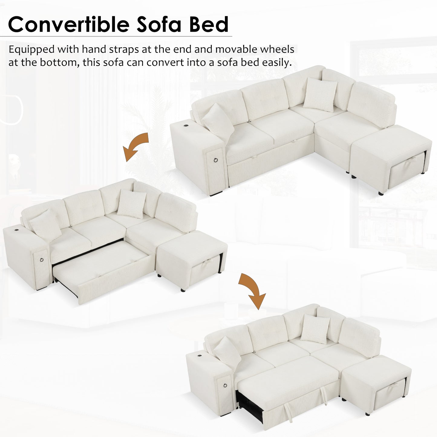 86.6" Sectional Sofa L-shaped Sofa Couch Pull-out Sofa Bed with a Movable Ottoman, Two USB Ports and Two Cup Holders for Living Room, Beige