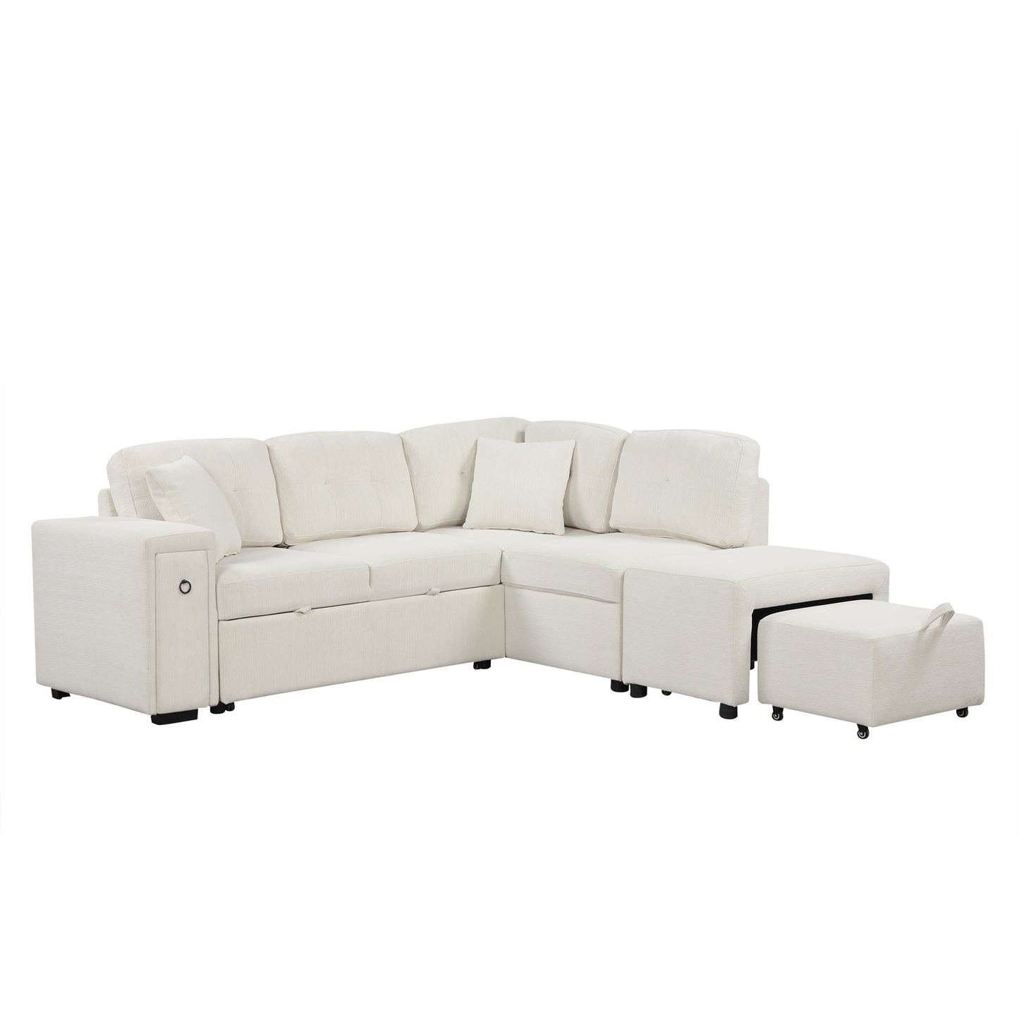 86.6" Sectional Sofa L-shaped Sofa Couch Pull-out Sofa Bed with a Movable Ottoman, Two USB Ports and Two Cup Holders for Living Room, Beige