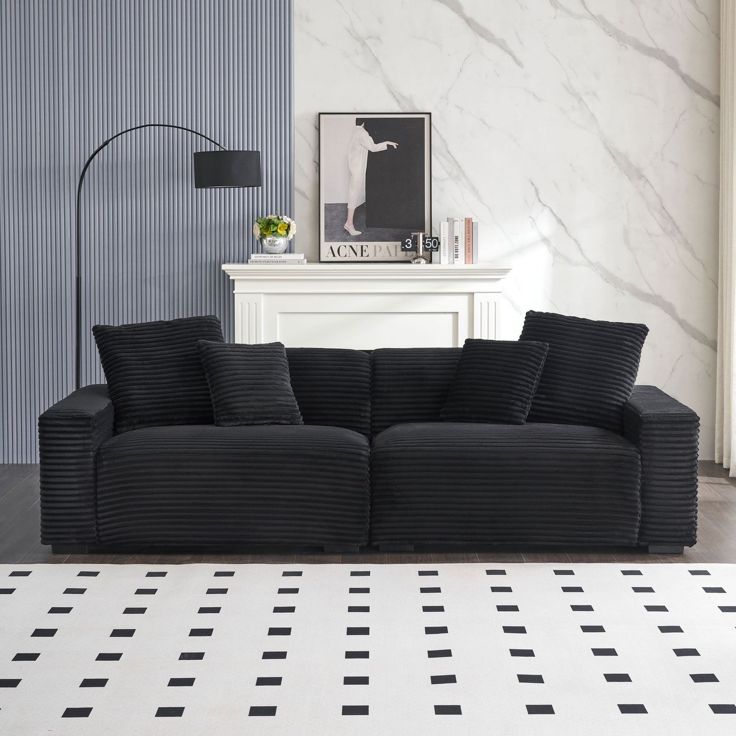 104.72-inch 4-seat large sofa with 4 throw pillows, living room sofa in black corduroy fabric comfort