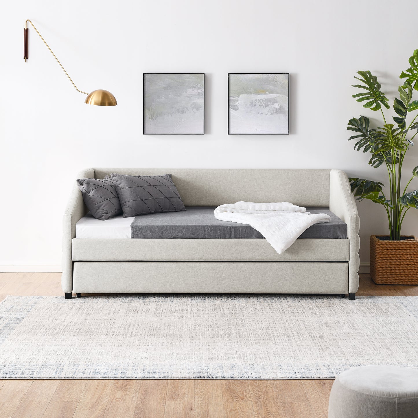 Twin Size Daybed with Trundle Upholstered Tufted Sofa Bed, Linen Fabric, Beige (82.5"x42.5"x34")