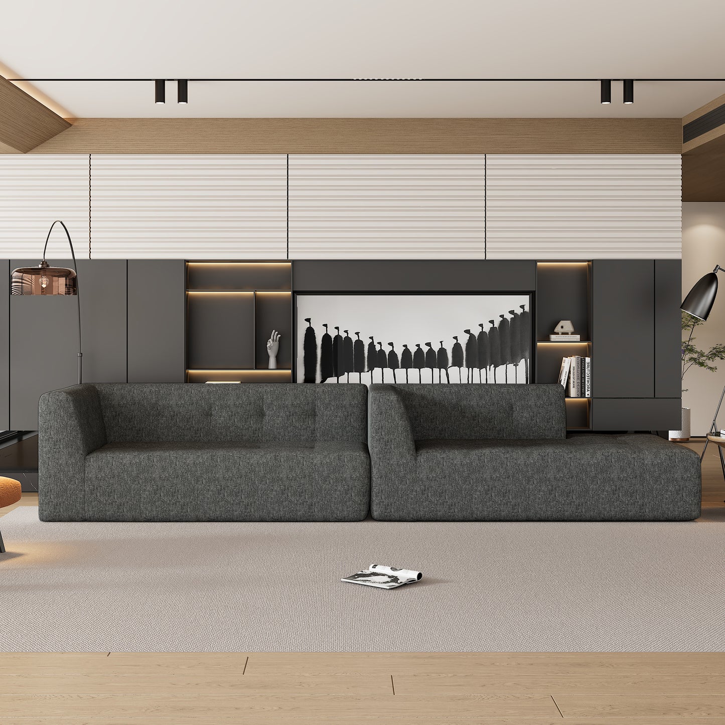 112.2*74" Modular Modular Combination Living Room Sofa Set, Modern Minimalist Sofa, Living Room Upholstered Sofa Bed, Bedroom, 2pcs Computer Free Combination, L-Shaped, Black Gray