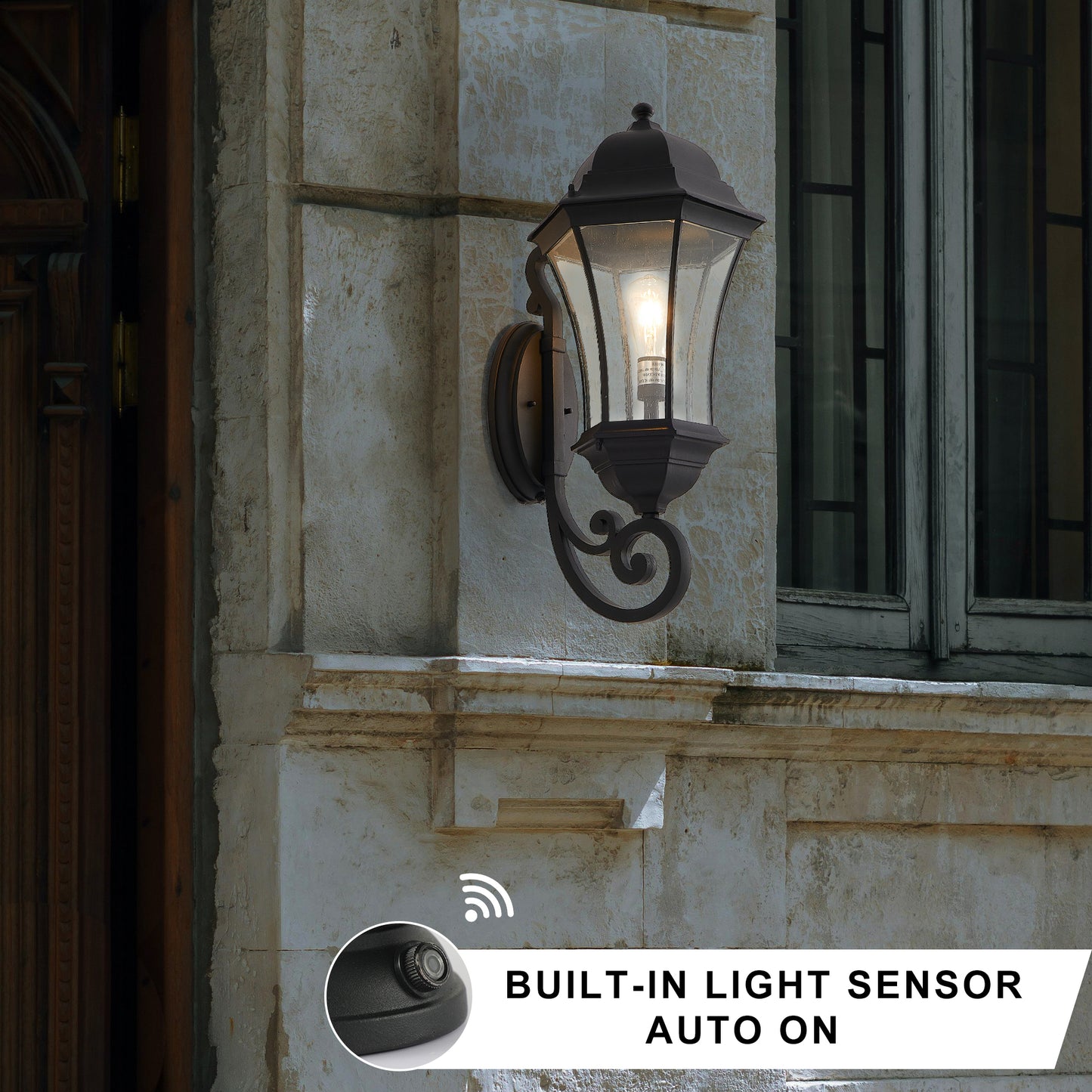 1-Pack Outdoor Wall Lantern with Dusk to Dawn Sensor, Black Weatherrproof Exterior Light Fixture with Clear Bubble Glass, Vintage Wall Sconce for Porch, Patio, Entryway, and Garage (No Bulb)