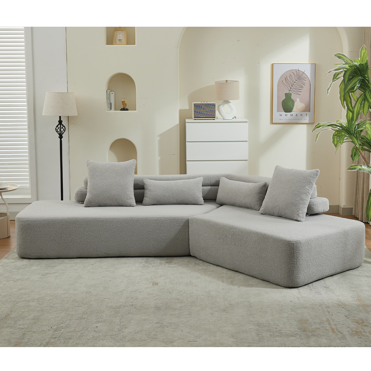 128"Minimalist Cloud Sectional Couch ,Modern Couches ,4-Seater ,No Assembly,Two modular sofa,Boucle Teddy Fabric, upholstered , anti-wrinkle fabric,Light Gray