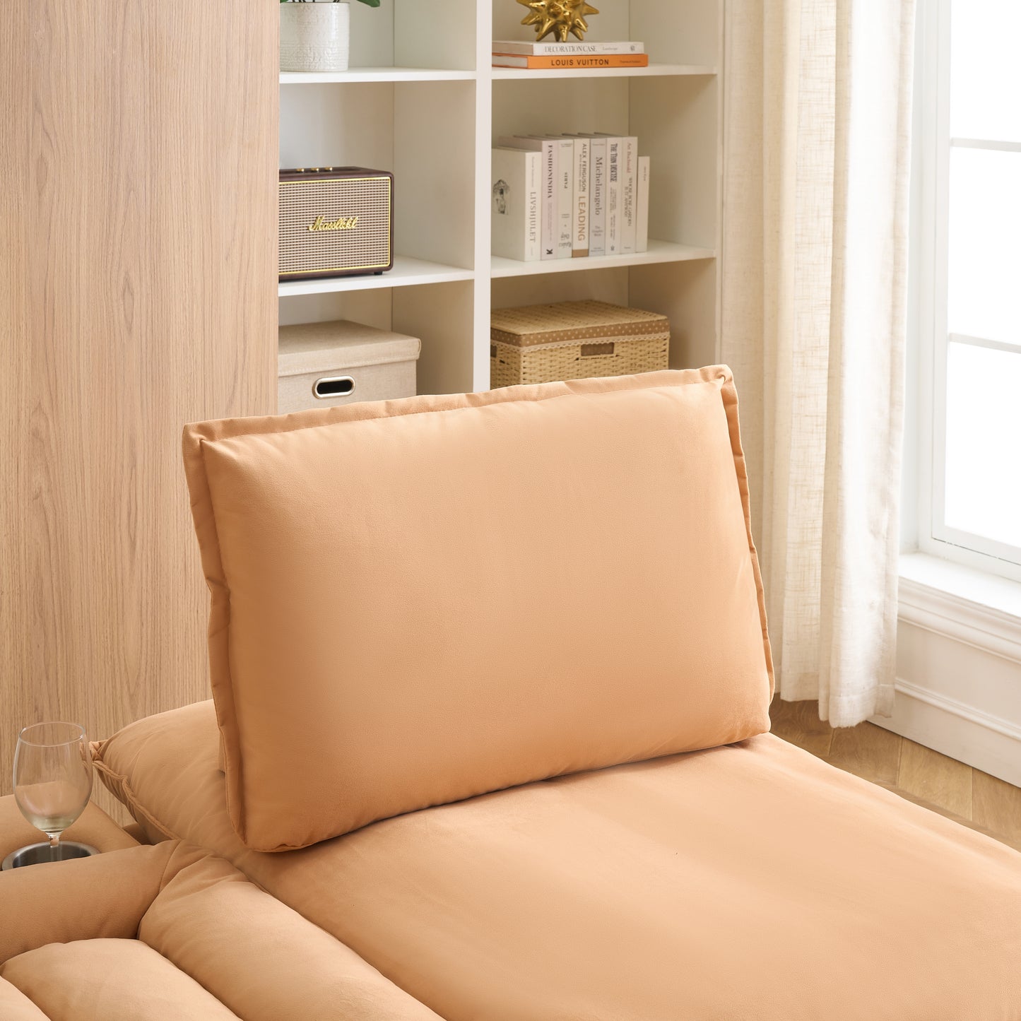 104-inch fashionable and minimalist straight-row three-seater pumpkin-colored flannel sofa with a storage compartment, cup holders and an adjustable backrest is suitable for living rooms and balconies