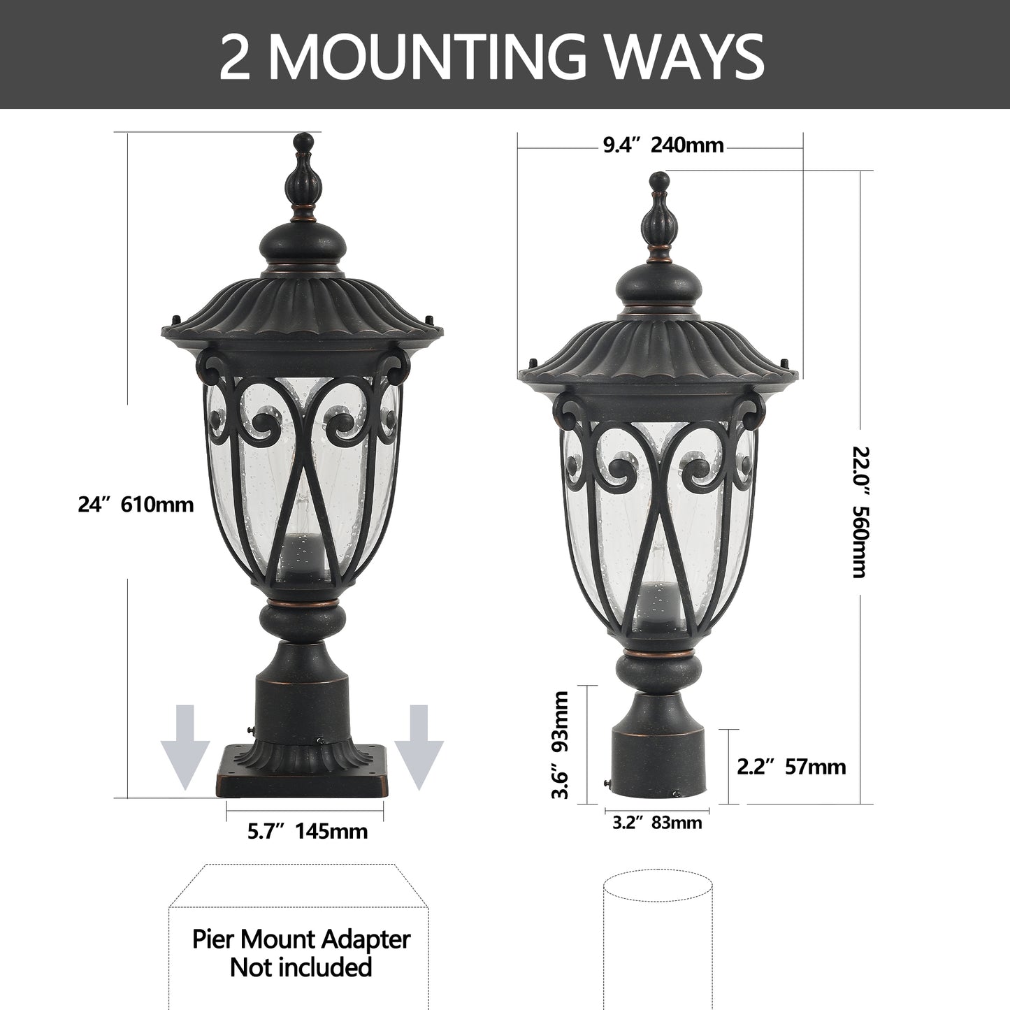 1-pack Vintage Black Outdoor Post Lantern - Waterproof Aluminum Lamp Post Light with Bubble Glass, Decorative Garden Pathway Lighting for Yard, Patio, or Driveway (Bulb Not Included)