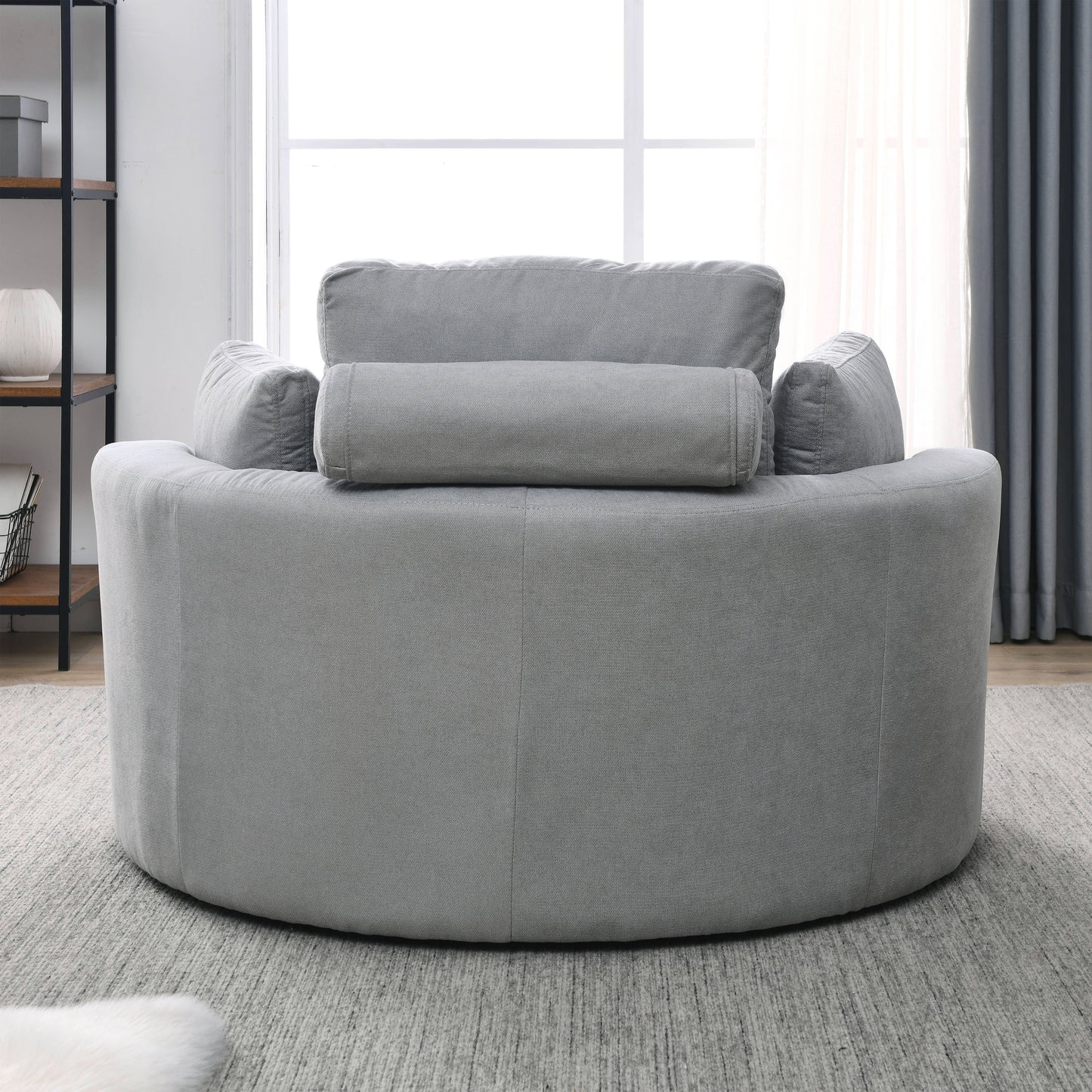 Swivel Accent Barrel Modern Grey Sofa Lounge Club Big Round Chair with Storage Ottoman Linen Fabric for Living Room Hotel with Pillows