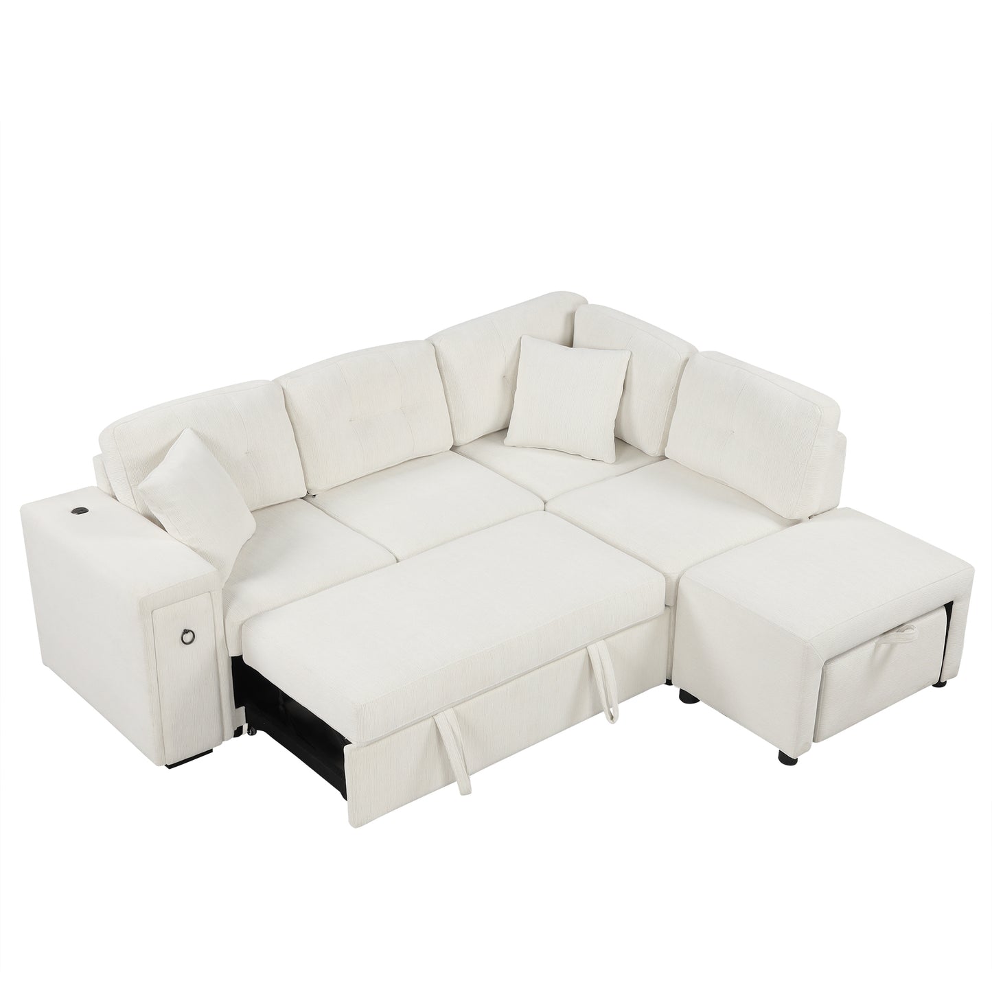 86.6" Sectional Sofa L-shaped Sofa Couch Pull-out Sofa Bed with a Movable Ottoman, Two USB Ports and Two Cup Holders for Living Room, Beige