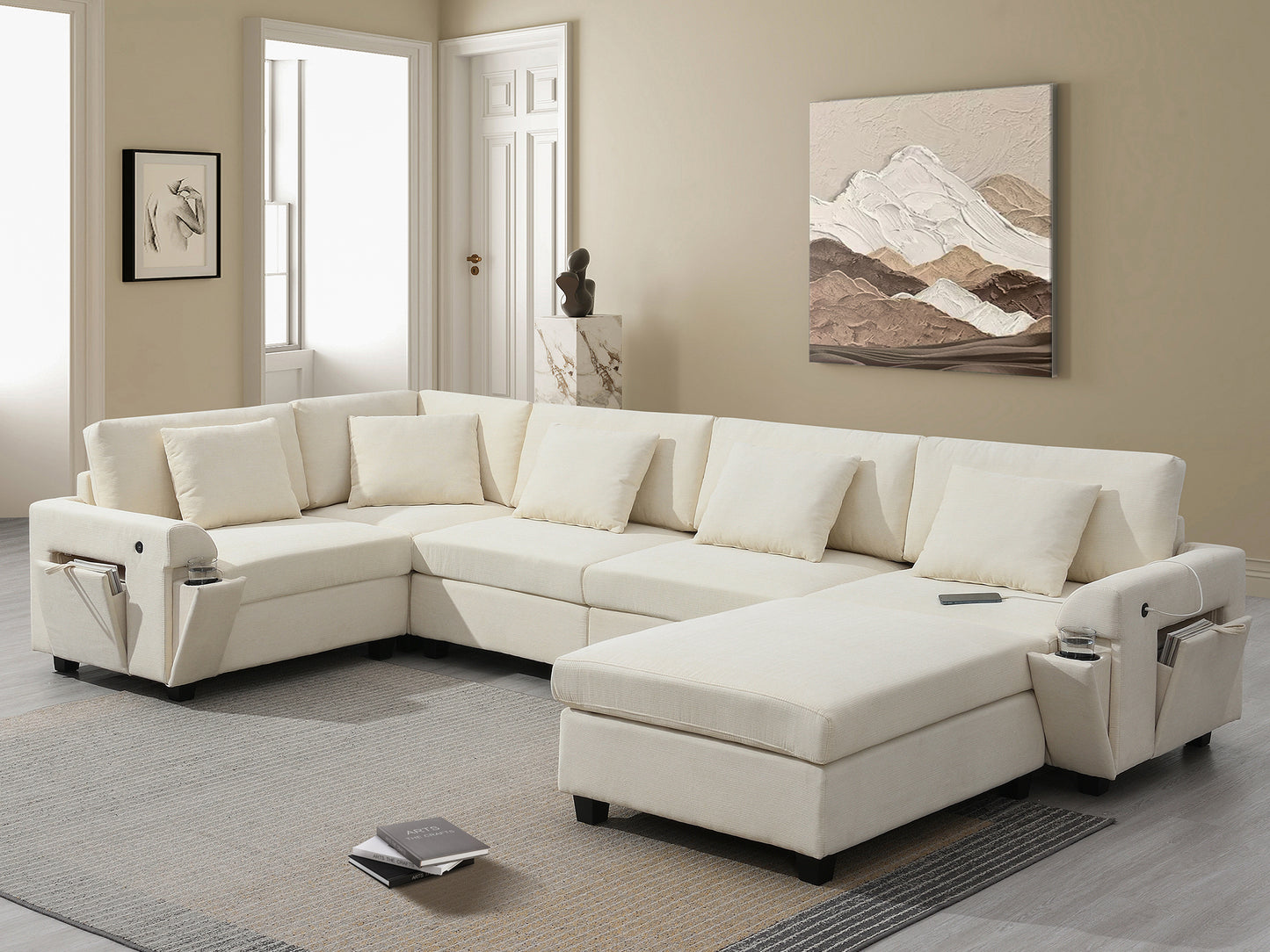 128*67" U Shaped Sectional Sofa,6 Seat Chenille Couch Set with Oversized Ottoman,Hidden Armrest Storage and Cup Holders,USB Charging Ports,Wide Seat Sofa for Living Room,Apartment,2 Colors