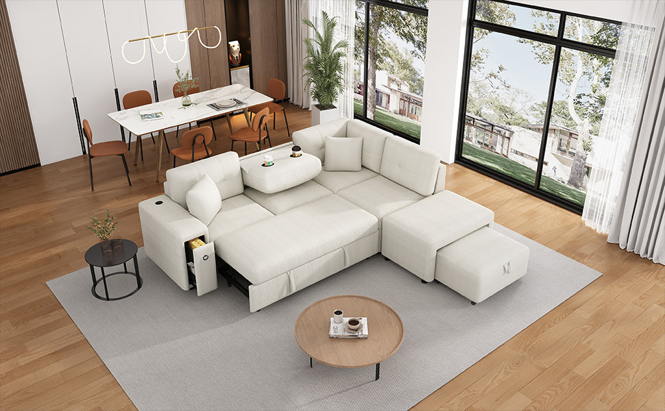 86.6" Sectional Sofa L-shaped Sofa Couch Pull-out Sofa Bed with a Movable Ottoman, Two USB Ports and Two Cup Holders for Living Room, Beige