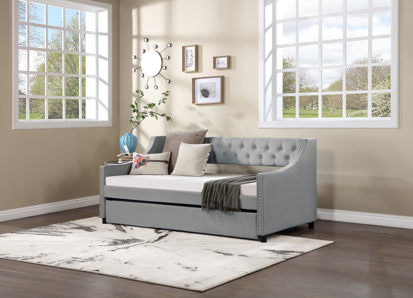 Daybed with Trundle Upholstered Tufted Sofa Bed, with Button and Copper Nail on Arms,full Size