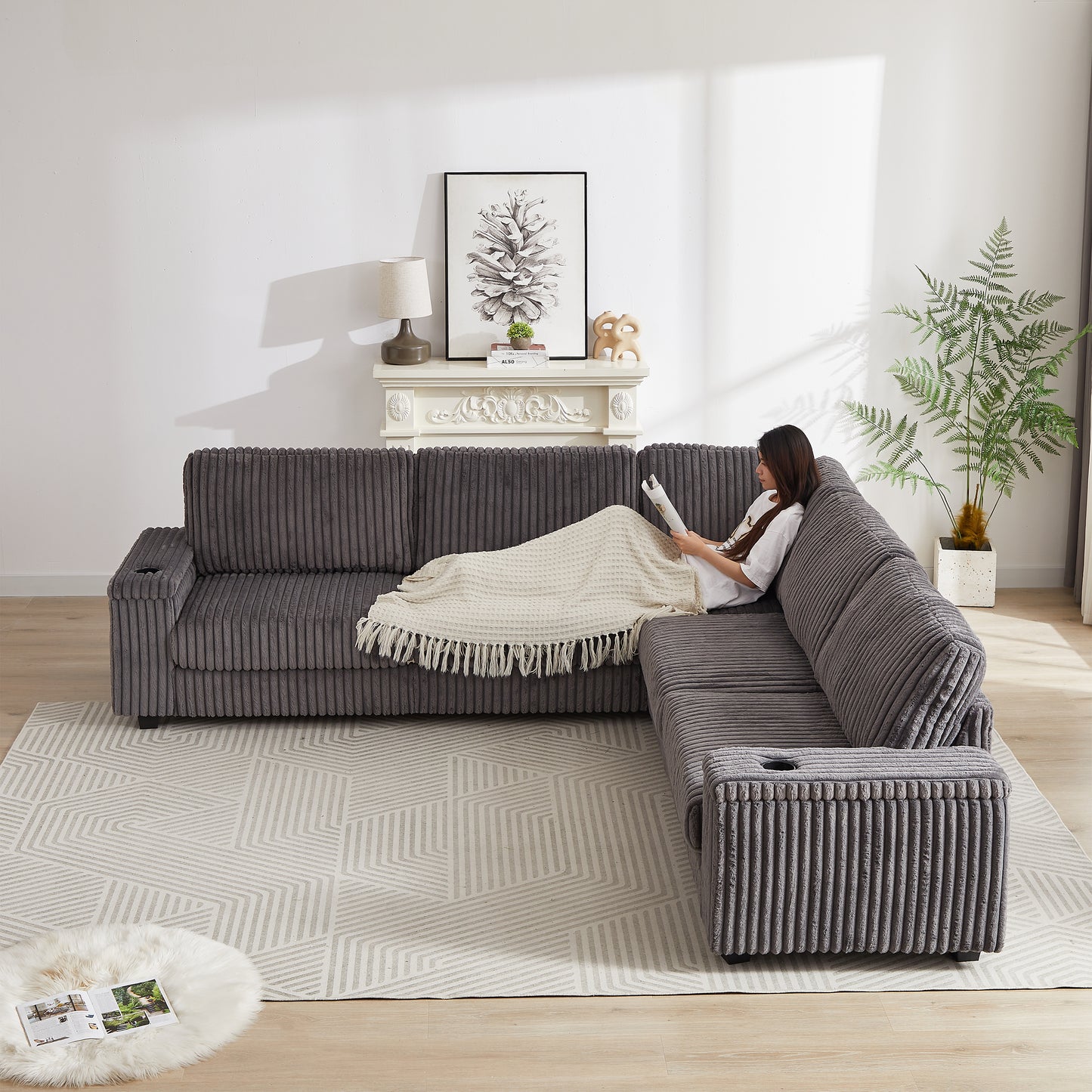 110-Inch Oversized Corduroy Corner Sofa,L Shaped Corner Couch with two storage spaces,USB port & T-pyce port and Cup-holder , Deep Seat Comfy Upholstered Couches for Living Room(Not freely combinable)