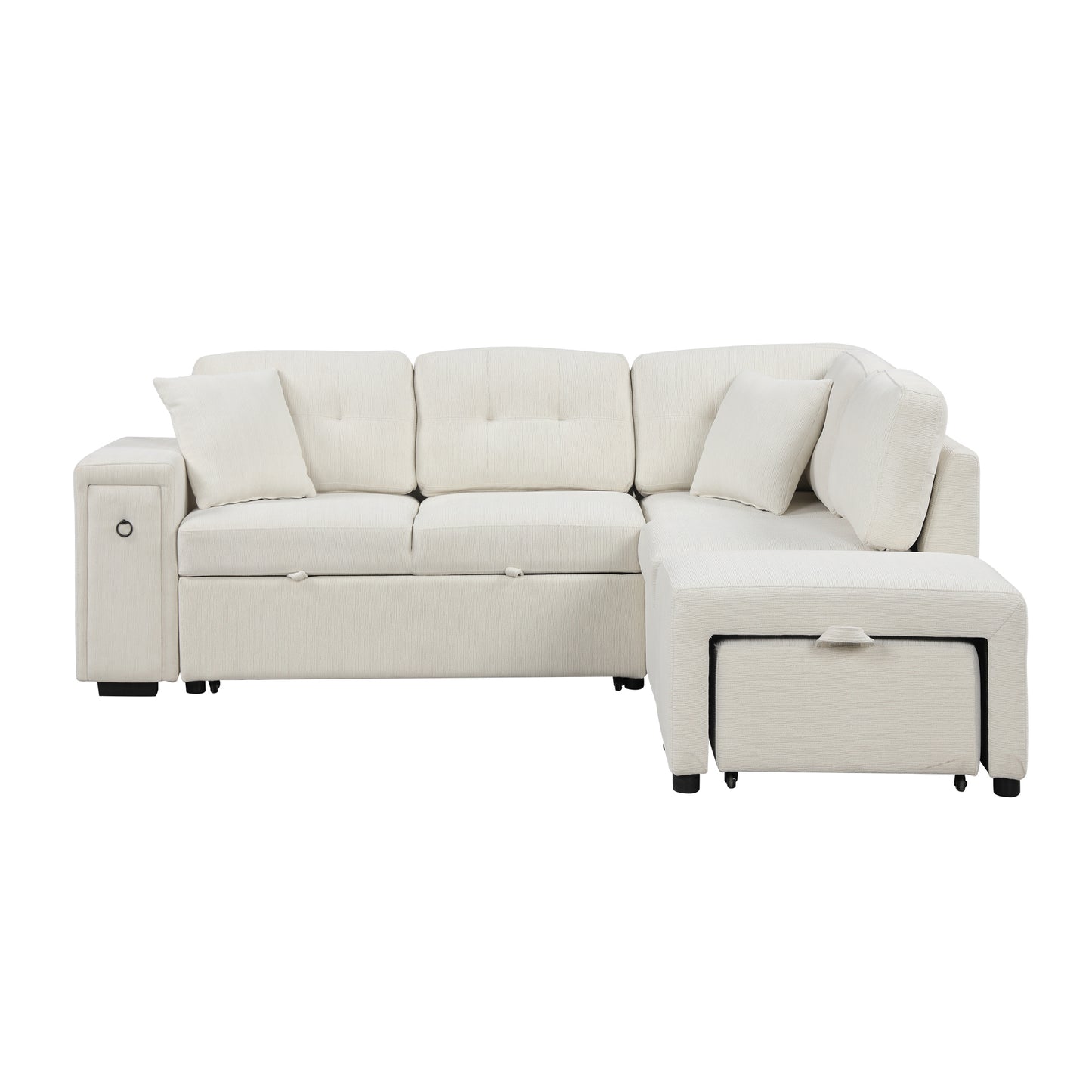 86.6" Sectional Sofa L-shaped Sofa Couch Pull-out Sofa Bed with a Movable Ottoman, Two USB Ports and Two Cup Holders for Living Room, Beige