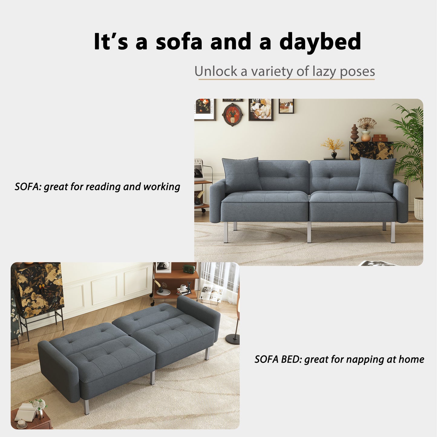 Linen Upholstered Modern Convertible Folding Futon Sofa Bed for Compact Living Space, Apartment, Dorm
