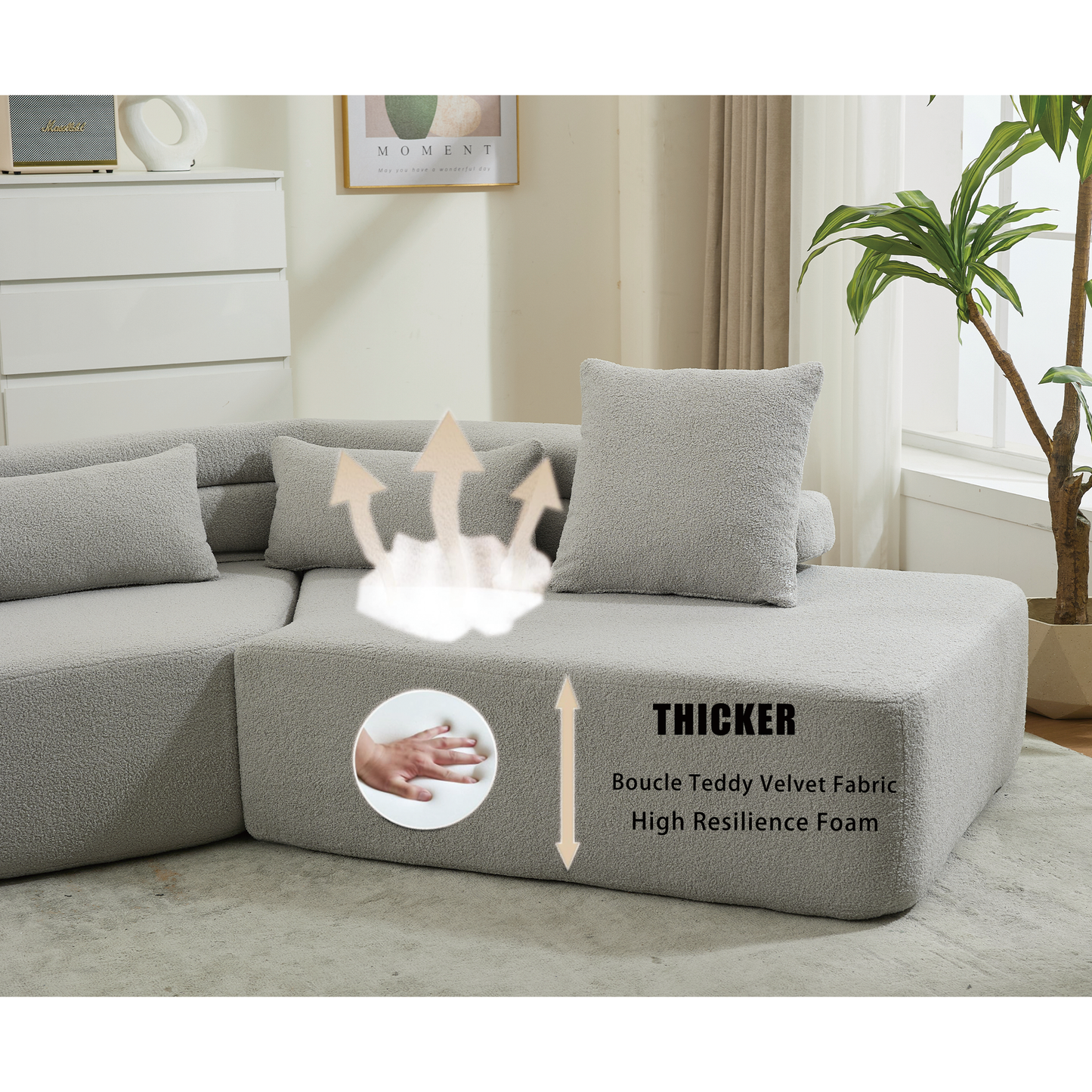 128"Minimalist Cloud Sectional Couch ,Modern Couches ,4-Seater ,No Assembly,Two modular sofa,Boucle Teddy Fabric, upholstered , anti-wrinkle fabric,Light Gray