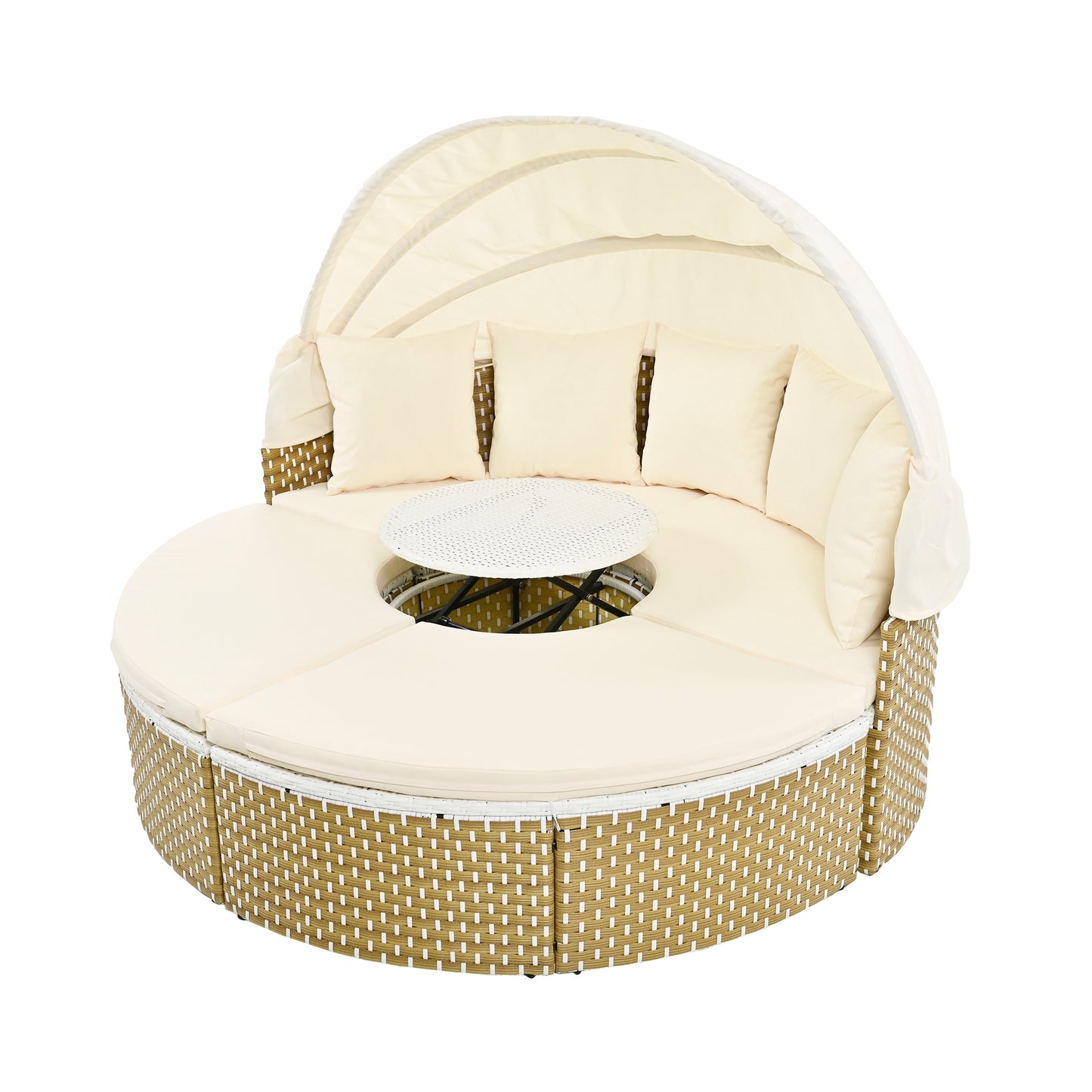 Patio Furniture Round Outdoor Sectional Sofa Set Rattan Daybed Two-Tone Weave Sunbed with Retractable Canopy, Separate Seating and Removable Cushion, Beige