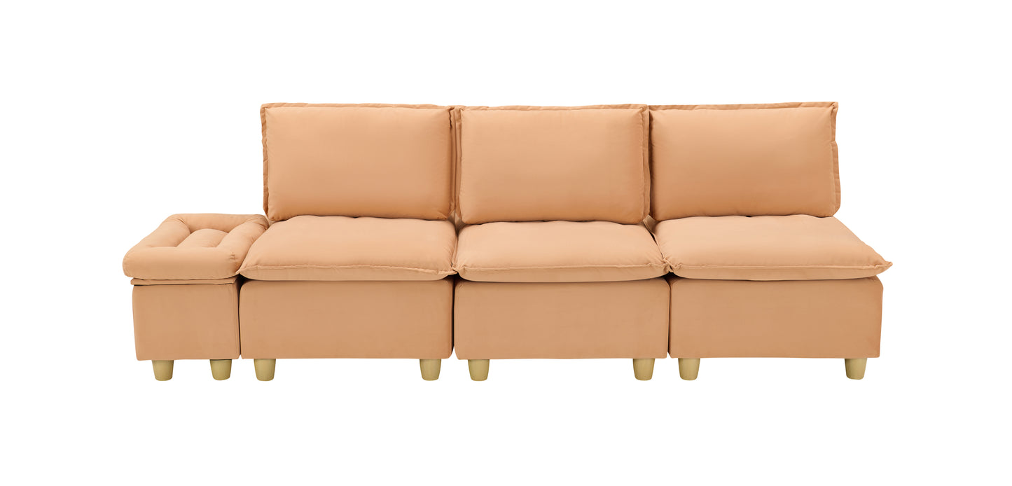 104-inch fashionable and minimalist straight-row three-seater pumpkin-colored flannel sofa with a storage compartment, cup holders and an adjustable backrest is suitable for living rooms and balconies