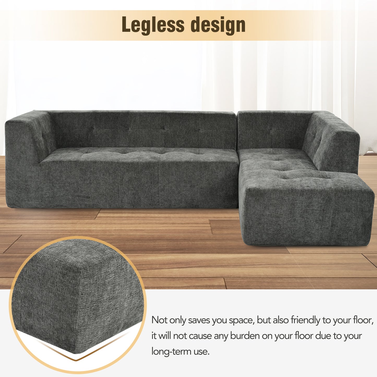 112.2*74" Modular Modular Combination Living Room Sofa Set, Modern Minimalist Sofa, Living Room Upholstered Sofa Bed, Bedroom, 2pcs Computer Free Combination, L-Shaped, Black Gray