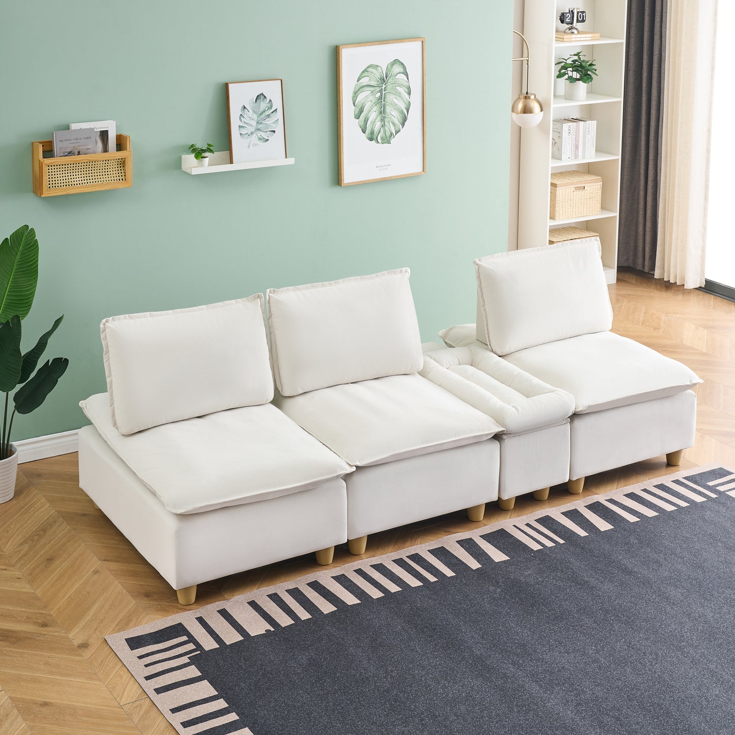 104-inch fashionable and minimalist straight-row three-seater off-white flannel sofa with a storage compartment, cup holders and an adjustable backrest, suitable for living rooms and balconies.