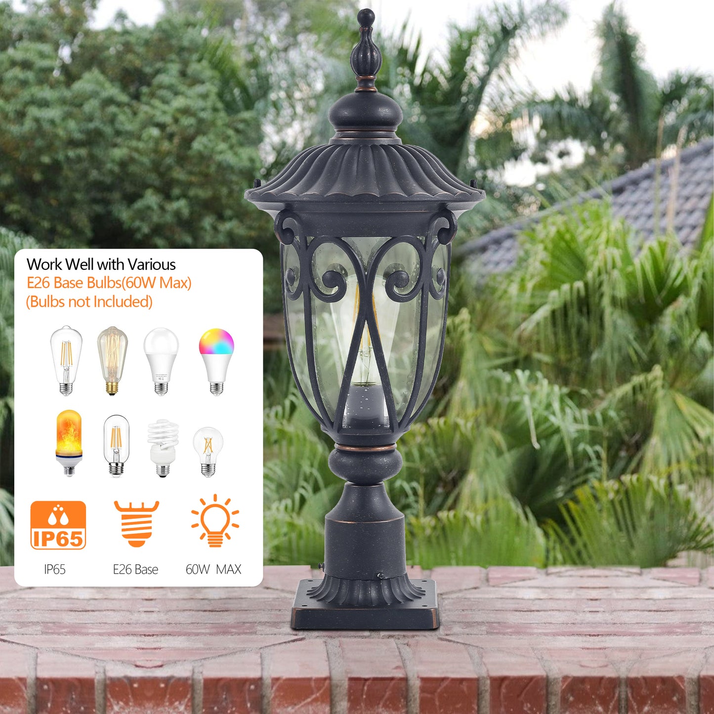 1-pack Vintage Black Outdoor Post Lantern - Waterproof Aluminum Lamp Post Light with Bubble Glass, Decorative Garden Pathway Lighting for Yard, Patio, or Driveway (Bulb Not Included)