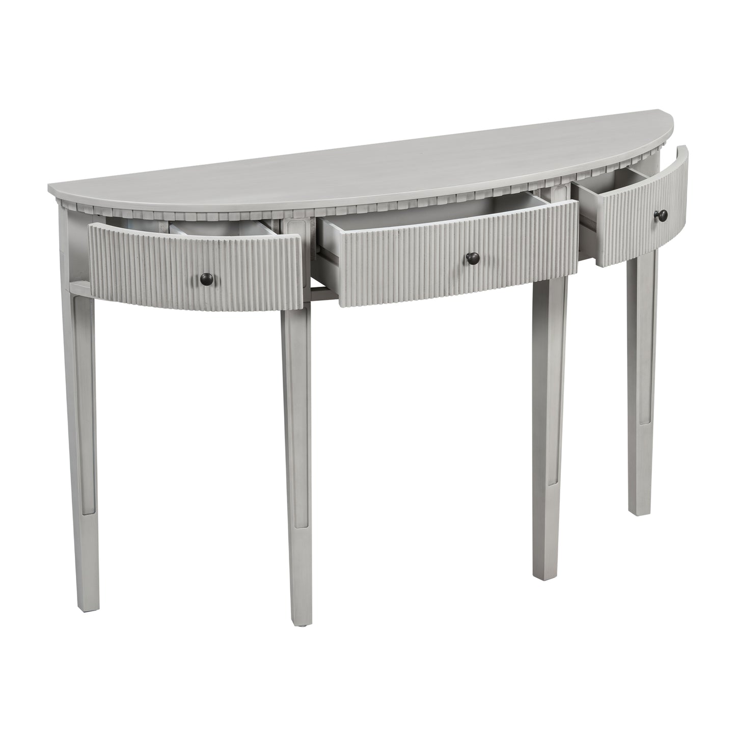 Distinctive Features of Pine Veneer Console Table with Vertical Stripe Drawer Fronts and Four Legs
