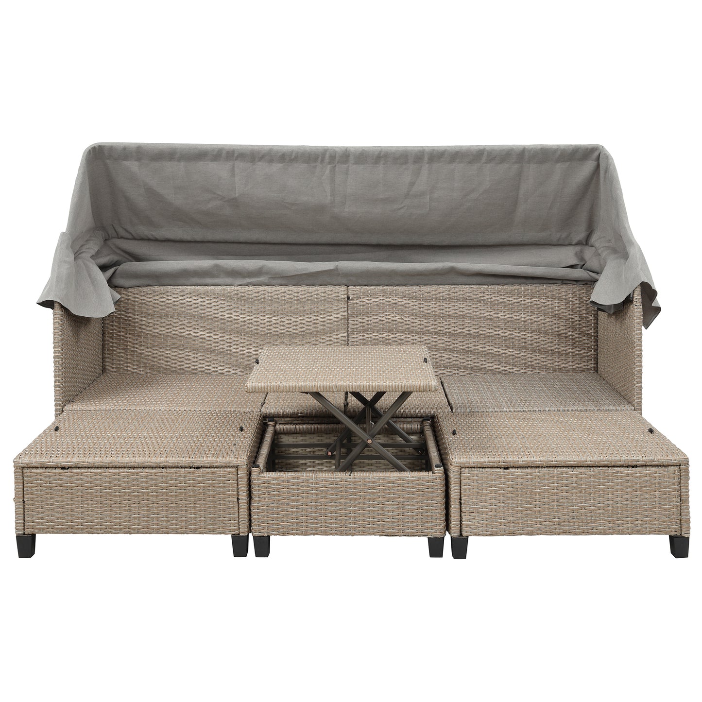 4 Piece UV-Proof Resin Wicker Patio Sofa Set with Retractable Canopy, Cushions and Lifting Table,Brown
