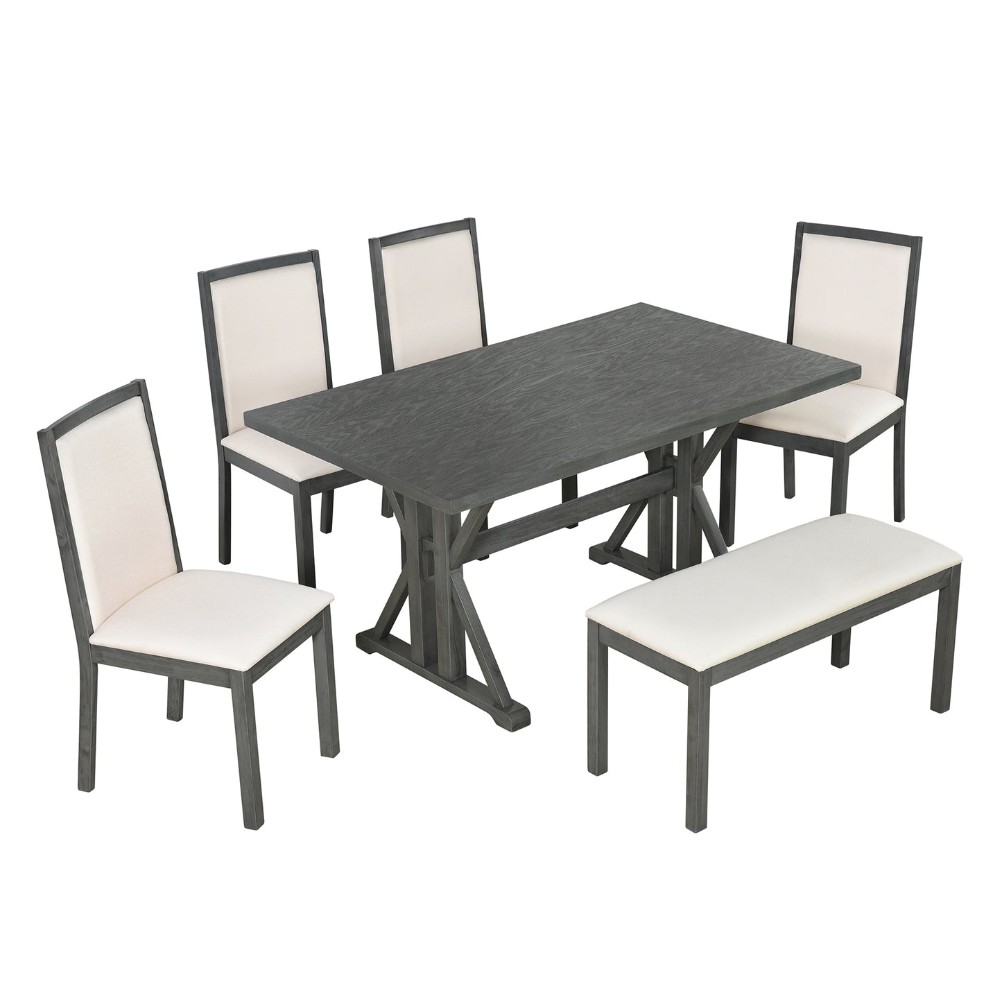 Farmhouse Classical 6-Piece Dining Table Set with Trestle Legs,Kitchen Table Set for 6 with 4 Upholstered Dining Chairs and Bench, Grey