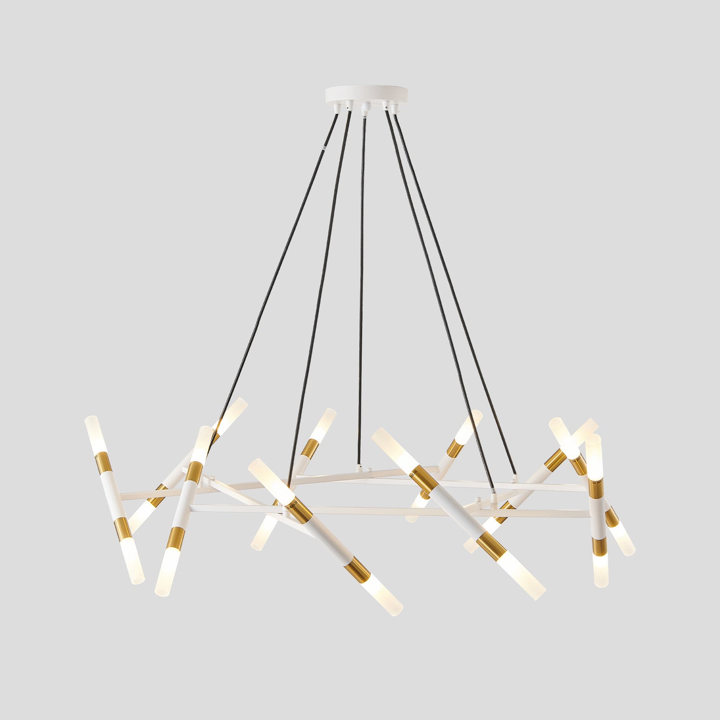 White & Golden Modern Chandelier Light Fixture, Branch Design with Frosted Tubes, Black Cords, Adjustable Height Pendant Light for Dining Room, Living Room, or Kitchen Island (Bulb Not Included)