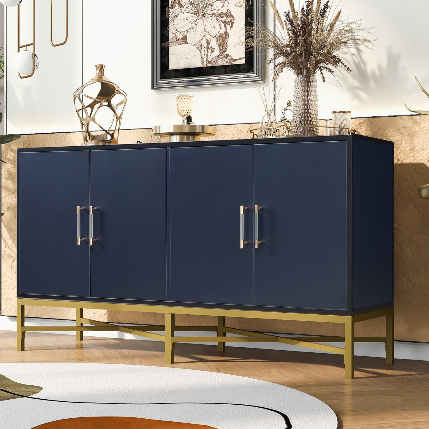 Distinctive Features of Four-Door Sideboard with Metal and Cross-Leg Design,Suitable for Living Rooms,Entrance and Study