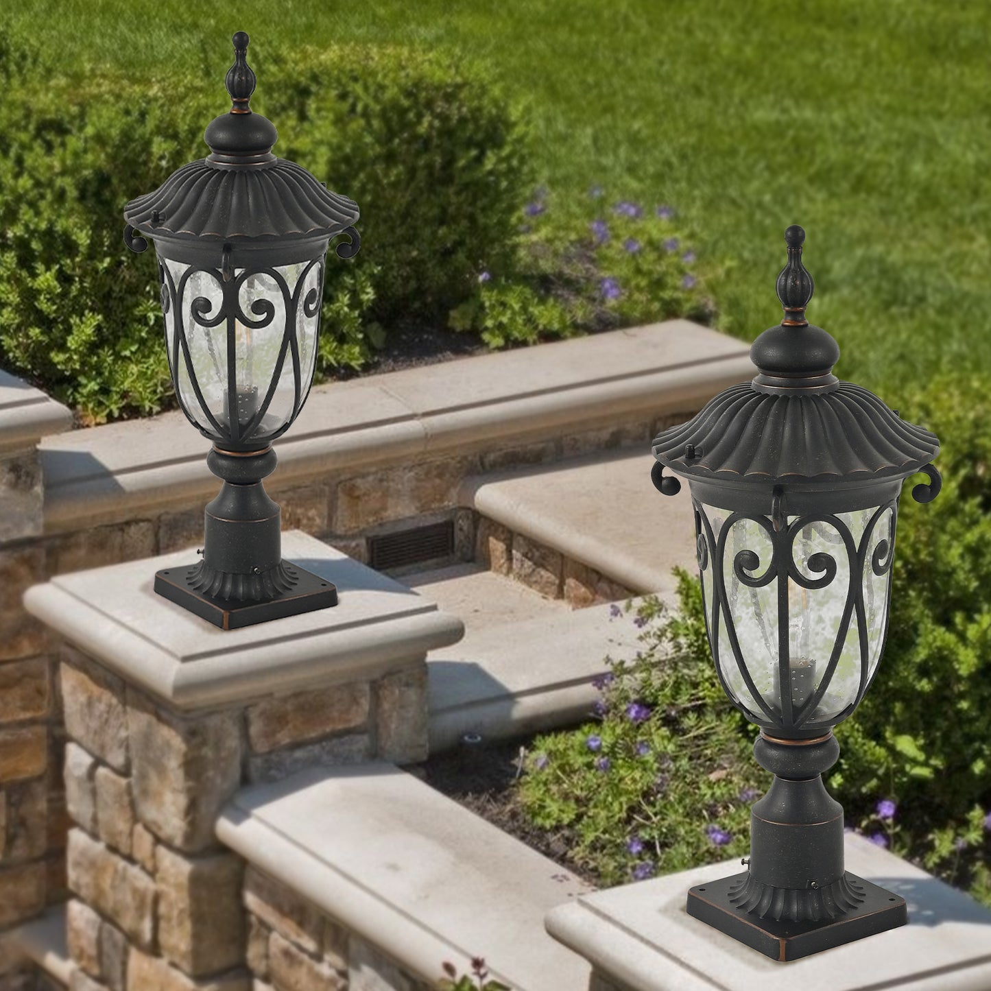 1-pack Vintage Black Outdoor Post Lantern - Waterproof Aluminum Lamp Post Light with Bubble Glass, Decorative Garden Pathway Lighting for Yard, Patio, or Driveway (Bulb Not Included)