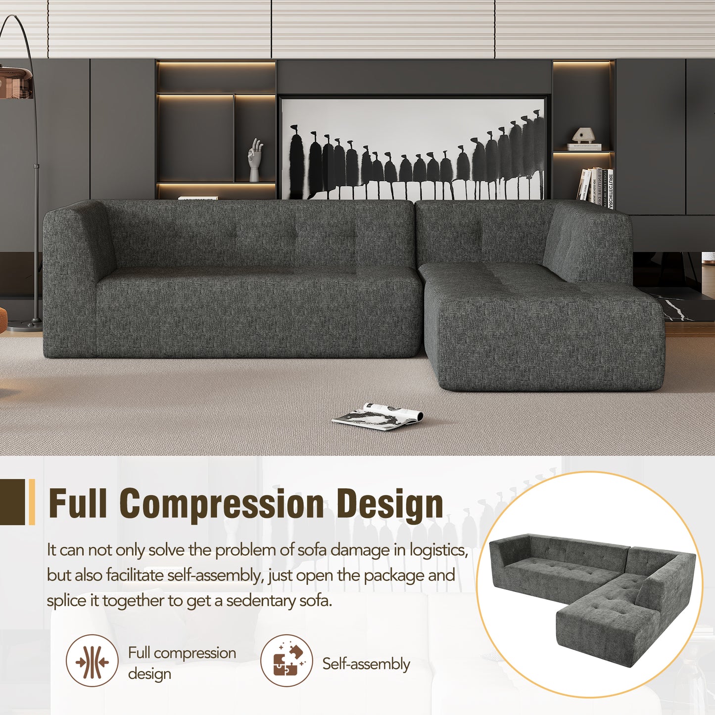112.2*74" Modular Modular Combination Living Room Sofa Set, Modern Minimalist Sofa, Living Room Upholstered Sofa Bed, Bedroom, 2pcs Computer Free Combination, L-Shaped, Black Gray