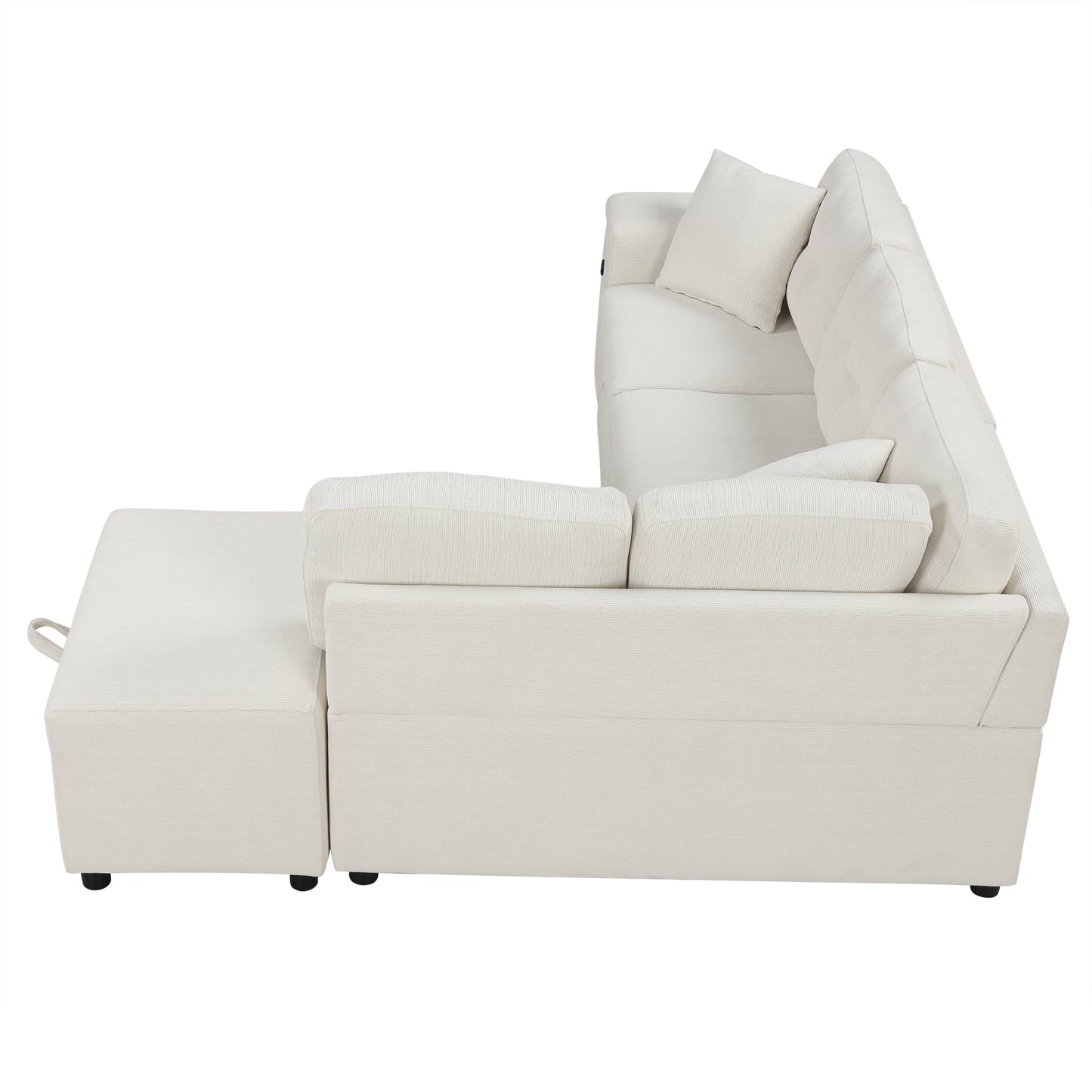 86.6" Sectional Sofa L-shaped Sofa Couch Pull-out Sofa Bed with a Movable Ottoman, Two USB Ports and Two Cup Holders for Living Room, Beige
