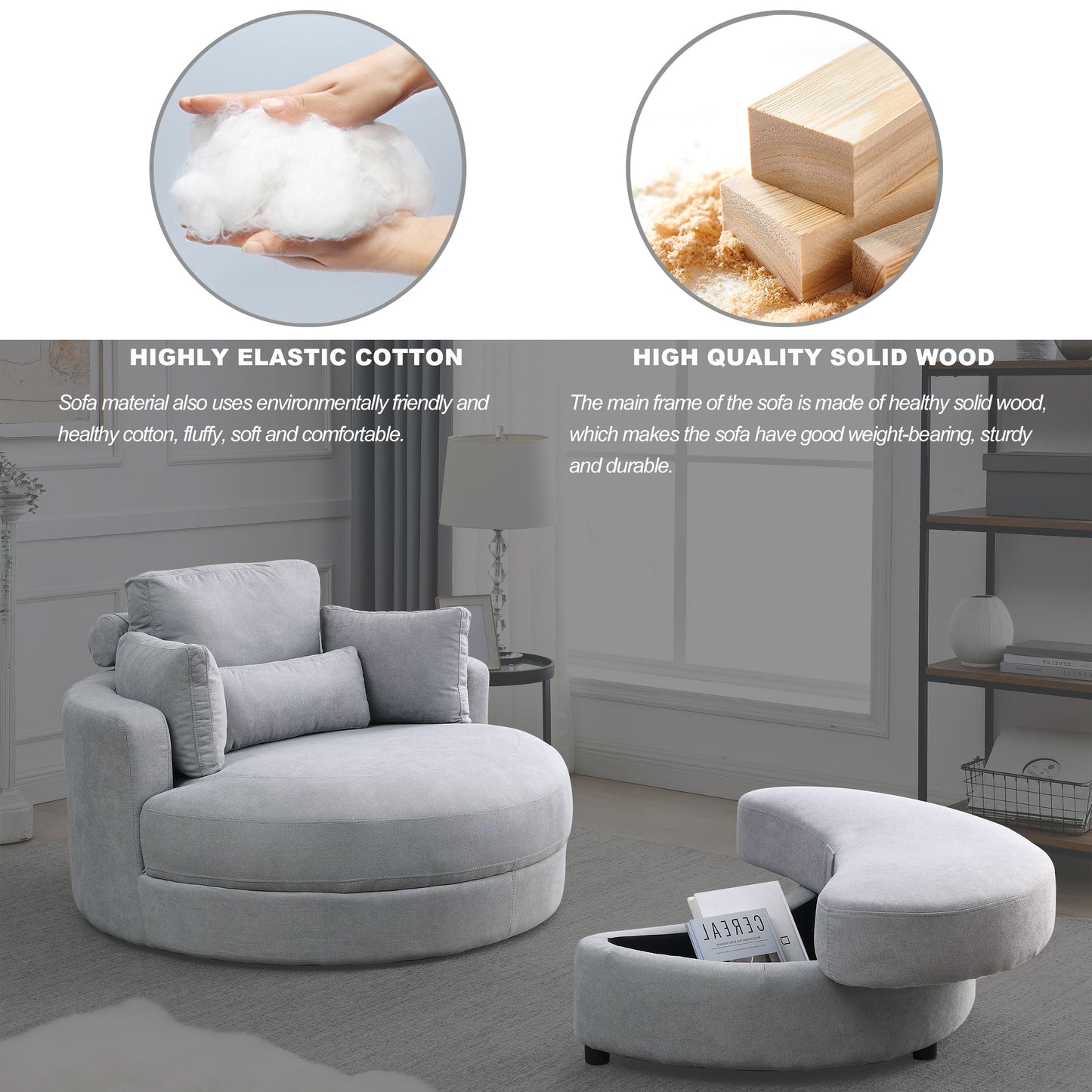 Swivel Accent Barrel Modern Grey Sofa Lounge Club Big Round Chair with Storage Ottoman Linen Fabric for Living Room Hotel with Pillows