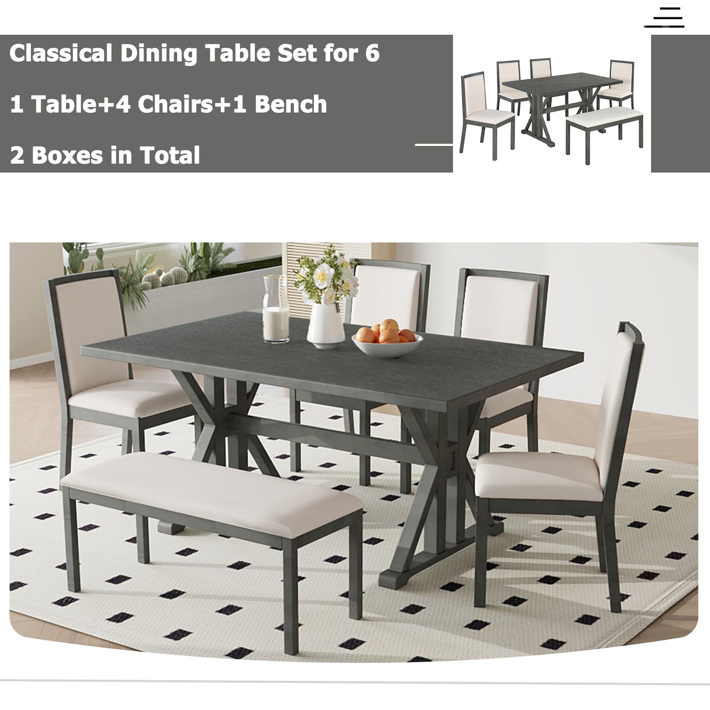 Farmhouse Classical 6-Piece Dining Table Set with Trestle Legs,Kitchen Table Set for 6 with 4 Upholstered Dining Chairs and Bench, Grey