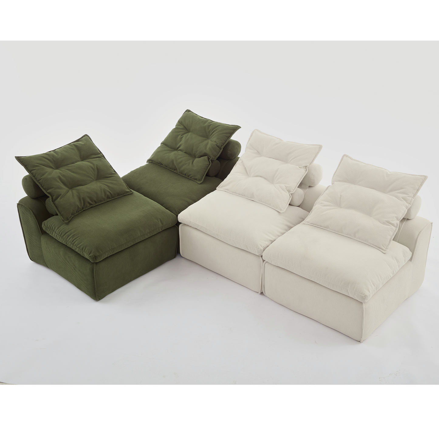 Modular Sofa,No Armrests,At will DIY,Corduroy ,Neck Pillow-Back Lounge Sofa Chair,Reading Nook, or Apartment Living, Lumbar Pillow,4 Seats,Upholstered,Beige,Green