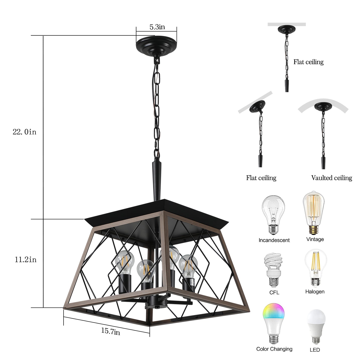 Farmhouse Chandelier 4-Light Vintage Antique Chandeliers Light Fixture For Kitchen Dining Room Living Room Walnut(No bulbs)