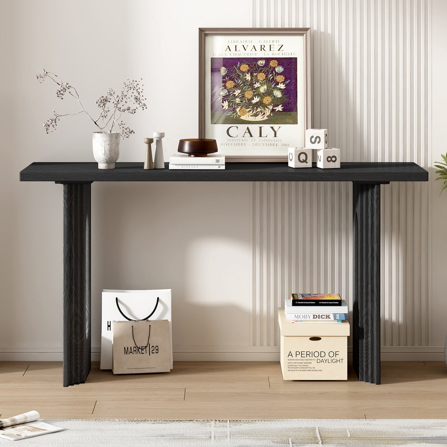 Uniquely Designed Console Table made of Fraxinus Mandschuric Solid Wood Veneer,with Distinctive Round Hollow Legs, Suitable for Foyer, Living Room, or Hallway.