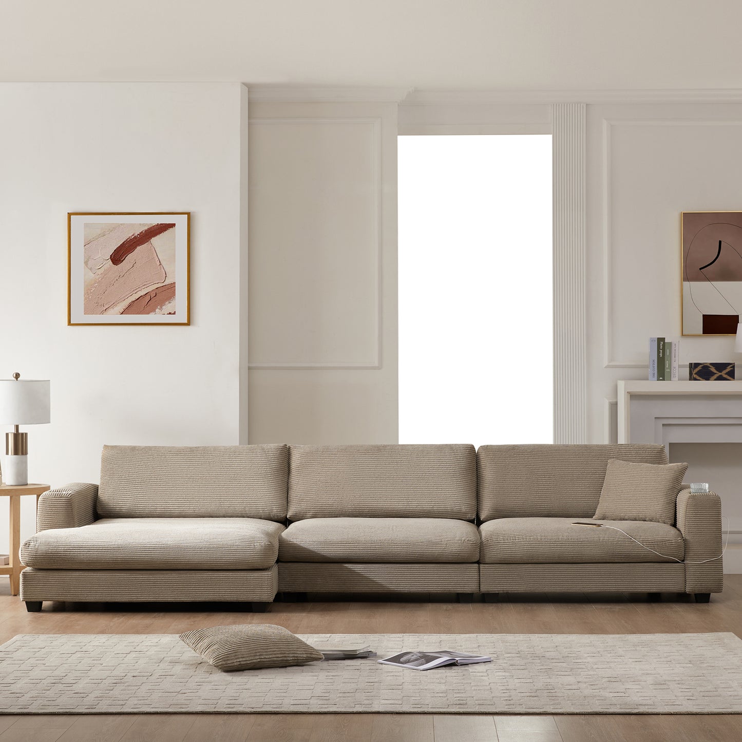 134*54" Oversized Corduroy Sectional Sofa,L Shaped Cloud Couch with USB Charging Port,Cup Holder,Deep and Wide Seat Sofa with 50" Chaise,Comfy Indoor Furniture for Living Room,3 Colors