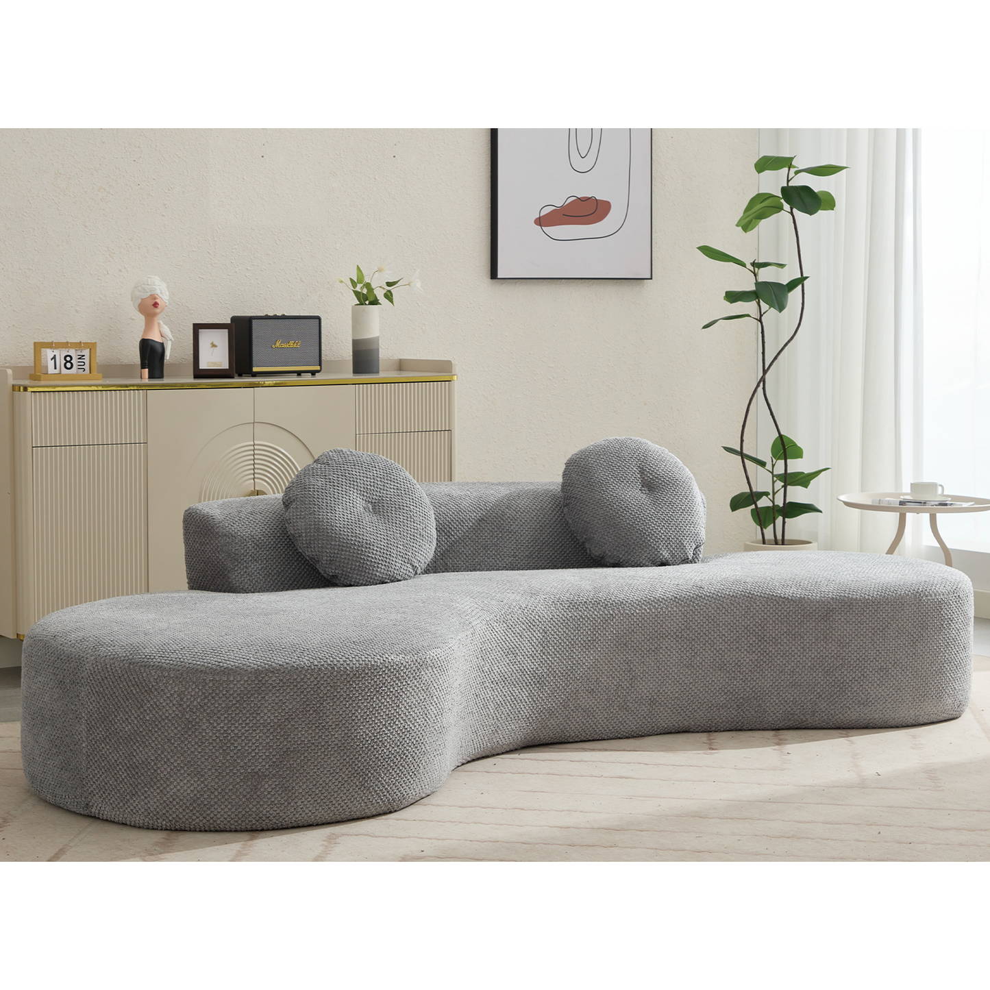 105.5''Curved Sofa, Modern Minimalist Sofa, Cloud Couch Sofa 3-4 Seater Couch with 2 Pillows,Bedroom, No Assembly Required, Point-shaped corduroy,(Anti-Wrinkle) , Gray