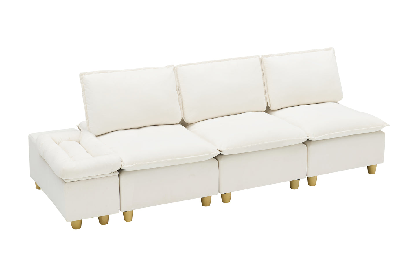 104-inch fashionable and minimalist straight-row three-seater off-white flannel sofa with a storage compartment, cup holders and an adjustable backrest, suitable for living rooms and balconies.