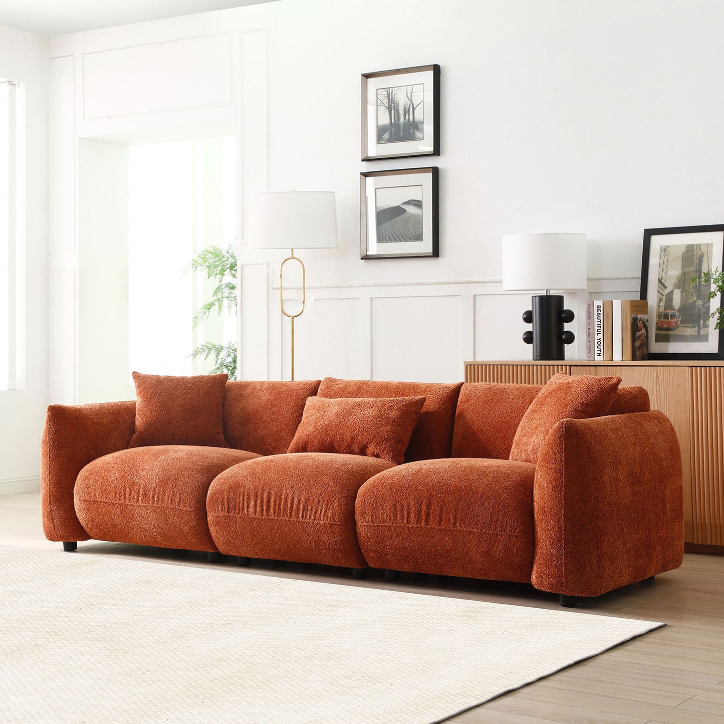 Mid Century Modern Couch 3-Seater Sofa for Living Room, Bedroom. Orange