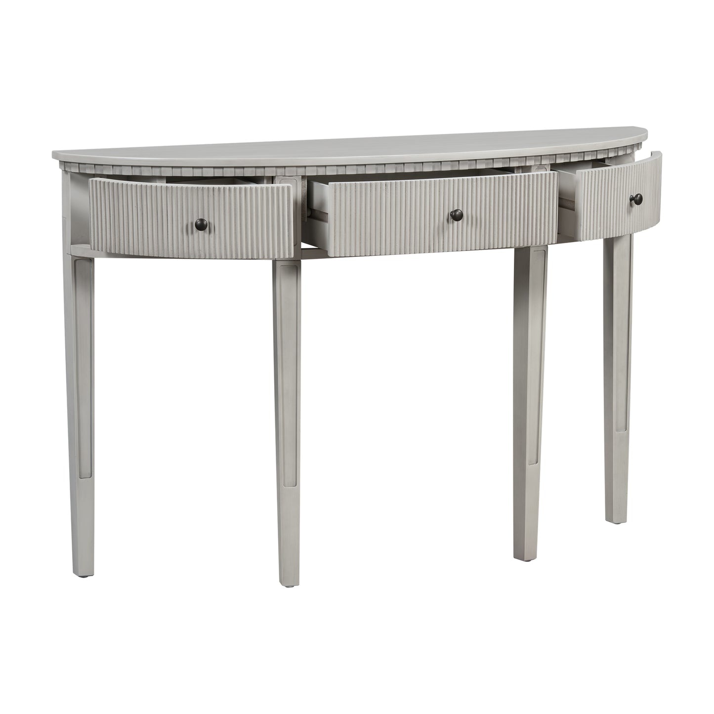 Distinctive Features of Pine Veneer Console Table with Vertical Stripe Drawer Fronts and Four Legs