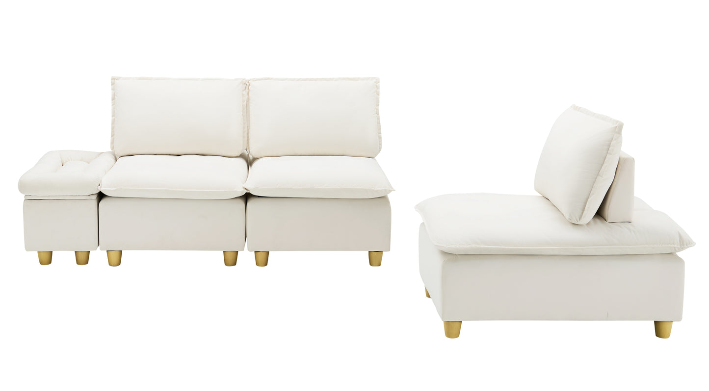 104-inch fashionable and minimalist straight-row three-seater off-white flannel sofa with a storage compartment, cup holders and an adjustable backrest, suitable for living rooms and balconies.