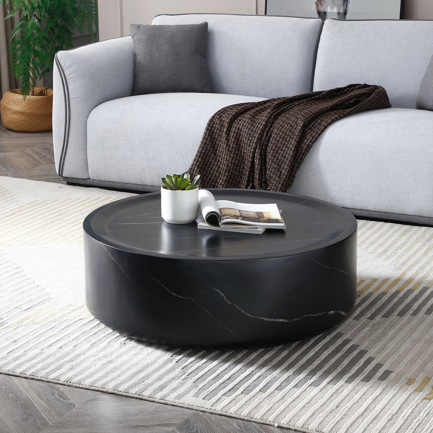 35.43'' Black Marble Round Coffee Table,Simple Modern Center Cocktail Table for Living Room office,No Need Assembly.