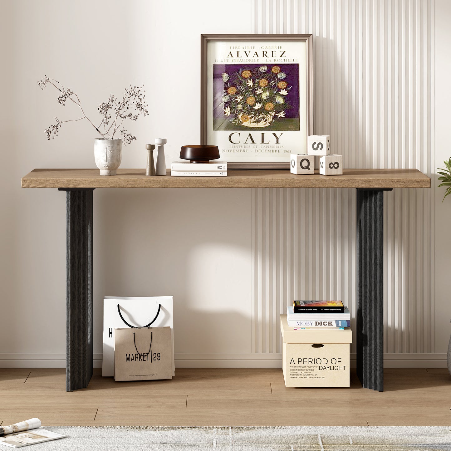 Uniquely Designed Console Table made of Fraxinus Mandschuric Solid Wood Veneer,with Distinctive Round Hollow Legs, Suitable for Foyer, Living Room, or Hallway.