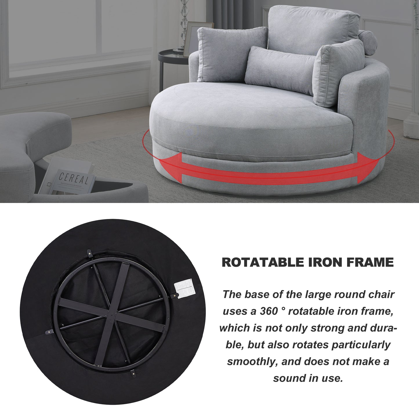 Swivel Accent Barrel Modern Grey Sofa Lounge Club Big Round Chair with Storage Ottoman Linen Fabric for Living Room Hotel with Pillows