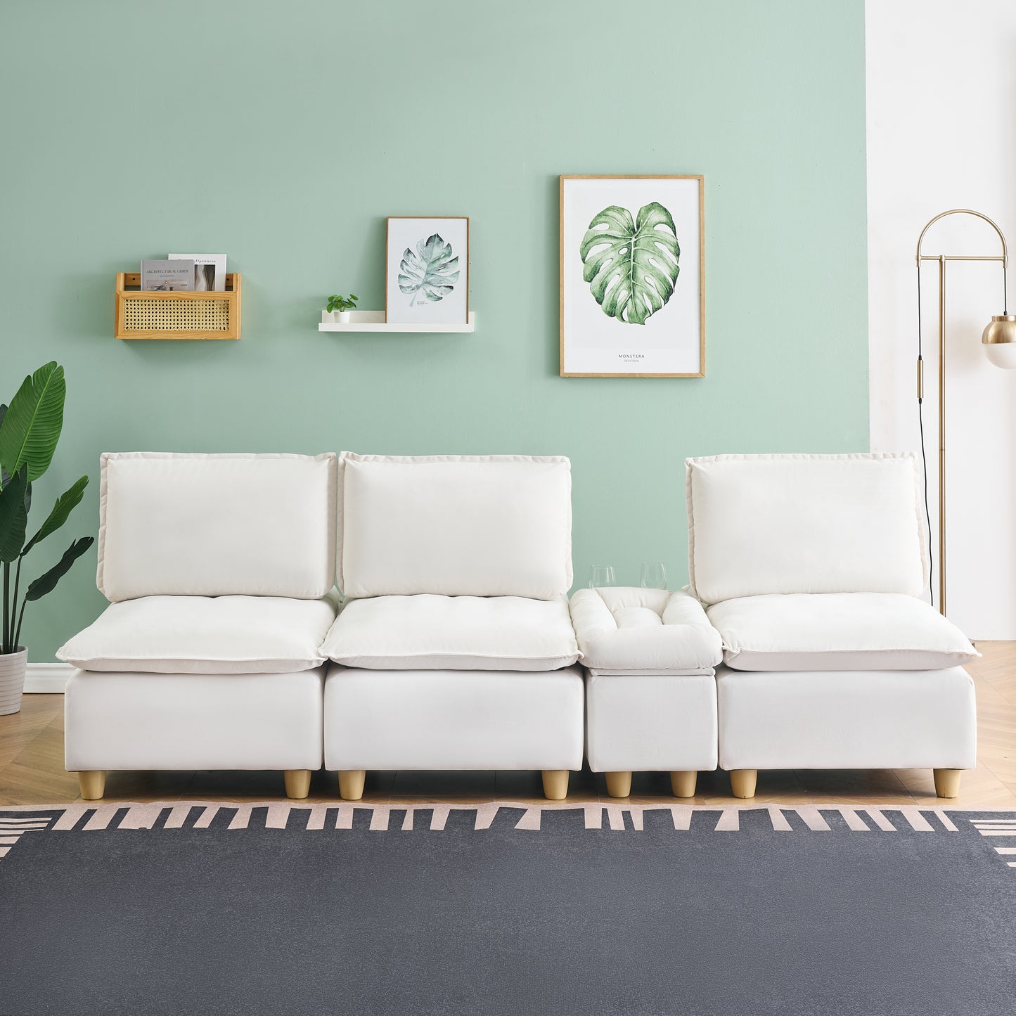 104-inch fashionable and minimalist straight-row three-seater off-white flannel sofa with a storage compartment, cup holders and an adjustable backrest, suitable for living rooms and balconies.